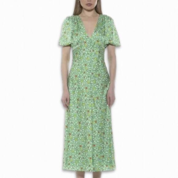 Alexia Admor Floral Midi Dress Lorelei Bubble Sleeve V-Neckline Green W US 6 NWT - Picture 1 of 10